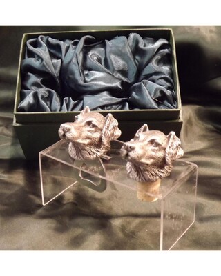 Beautiful white metal and nickel plated Labrador head bottle combo set.