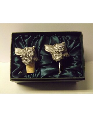 Beautiful white metal and nickel plated Spaniel head bottle combo set. Small