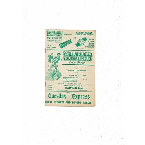 1961/62 Ashford Town v Bromley Kent Senior Cup Football Programme