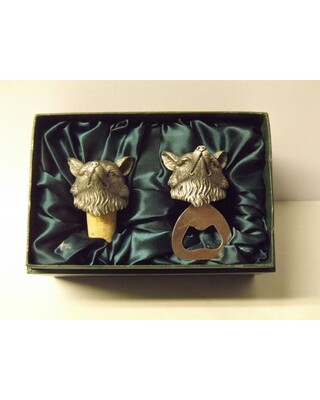 Beautiful white metal and nickel plated Fox head bottle combo set.