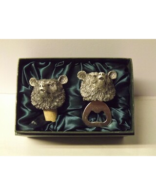 Beautiful white metal and nickel plated Bear head bottle combo set.