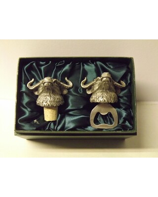 Beautiful white metal and nickel plated Buffalo head bottle combo set.