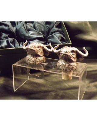 Beautiful white metal and nickel plated Buffalo head bottle combo set.