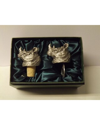 Beautiful white metal and nickel plated Rhinoceros head bottle combo set.