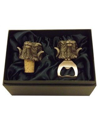 Beautiful white metal and nickel plated Ram head bottle combo set.