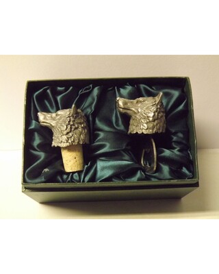 Beautiful white metal and nickel plated Wolf head bottle combo set.