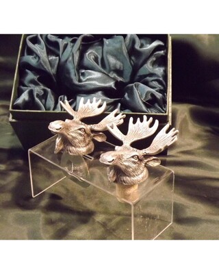 Beautiful white metal and nickel plated Moose head bottle combo set.