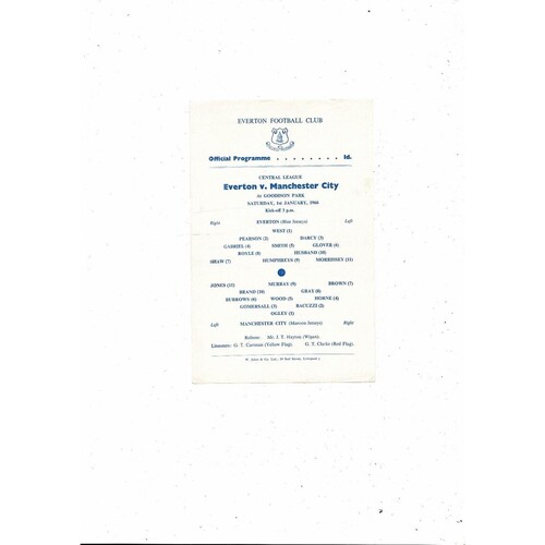 Everton v Manchester City Central League Football Programme 1965/66