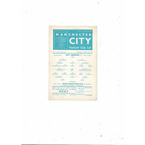 Manchester City v Derby County Central League Football Programme 1959/60