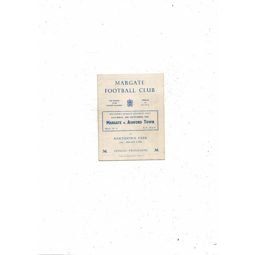 1960/61 Margate v Ashford Town (Kent) Southern League Football Programme