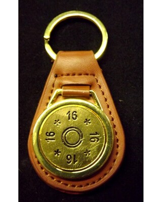 Gold plated representation of a head stamp on a leather key fob