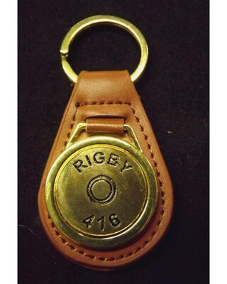 Gold plated representation of a head stamp on a leather key fob