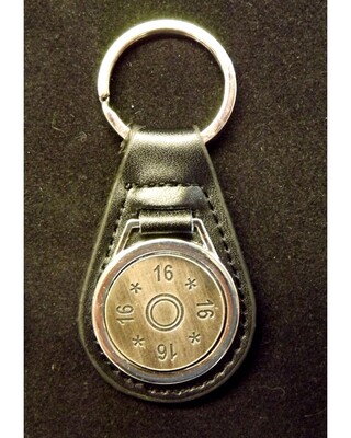 Antique Silver plated representation of a head stamp on a leather key fob