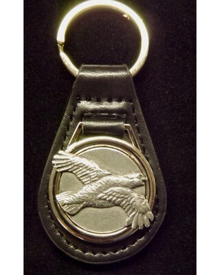 Pewter Disc with Animal/ Bird etc on Black leather key fob.