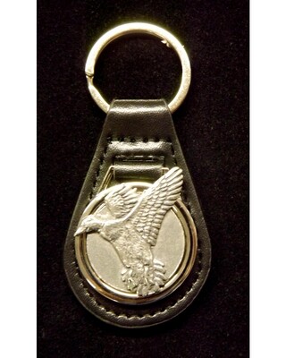Pewter Disc with Animal/ Bird etc on Black leather key fob.