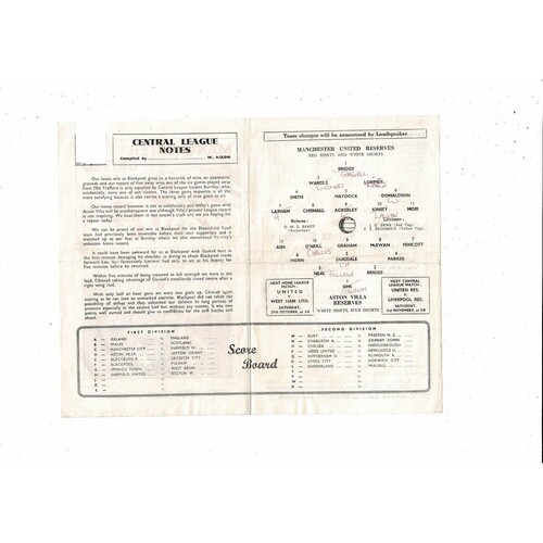 Manchester United v Aston Villa Central League Football Programme 1962/63