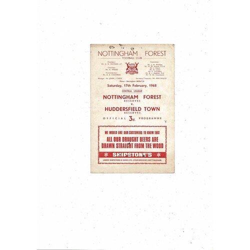 Nottingham Forest v Huddersfield Town Central League Football Programme 1967/68