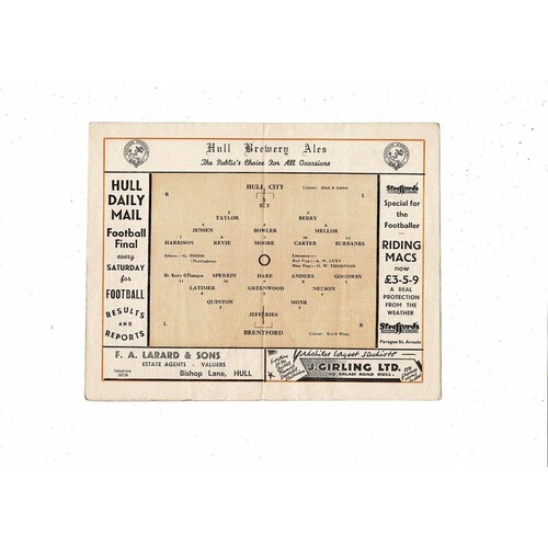 1949/50 Hull City v Brentford Football Programme