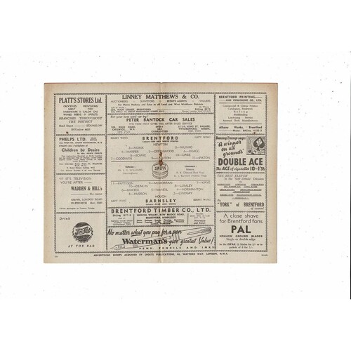 1951/52 Brentford v Barnsley Football Programme