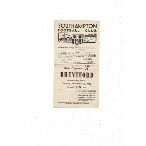 1952/53 Southampton v Brentford Football Programme