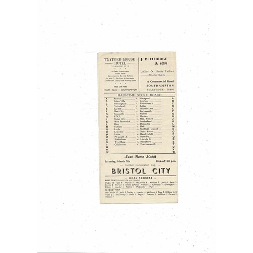 1952/53 Southampton v Brentford Football Programme