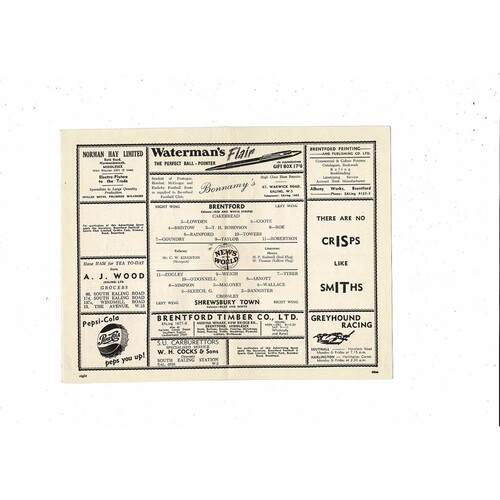 1955/56 Brentford v Shrewsbury Town Football Programme