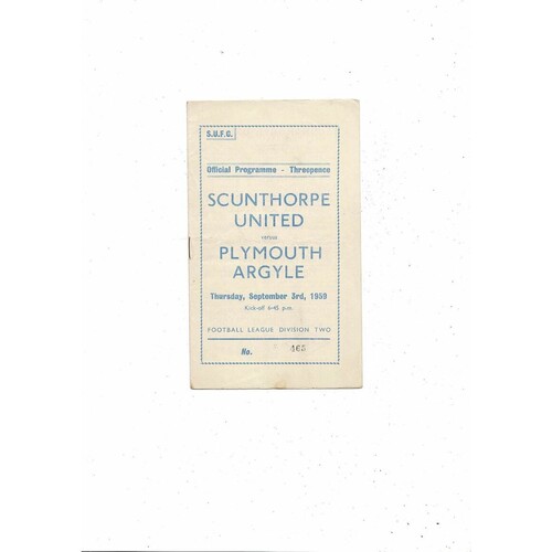 1959/60 Scunthorpe United v Plymouth Argyle Football Programme