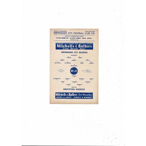 Birmingham City v Brentford Football Combination Programme 1957/58