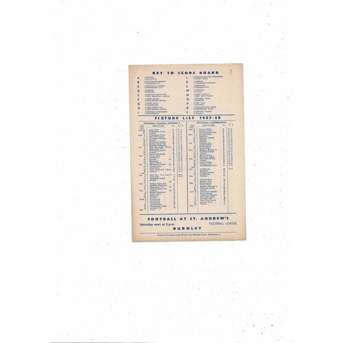 Birmingham City v Brentford Football Combination Programme 1957/58