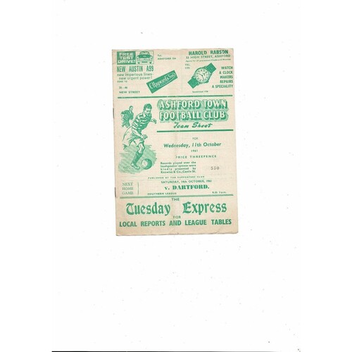 1961/62 Ashford Town (Kent) v Folkestone Kent Senior Cup Football Programme
