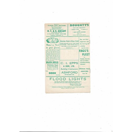 1962/63 Ashford Town v Folkestone Kent Senior Floodlit Cup Football Programme