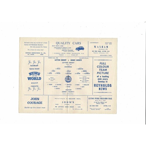 1959/60 Leyton Orient v Derby County Football Programme
