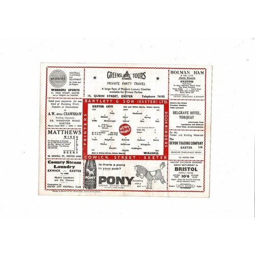 1959/60 Exeter City v Walsall Football Programme