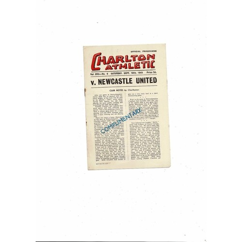 1949/50 Charlton Athletic v Newcastle United Football Programme