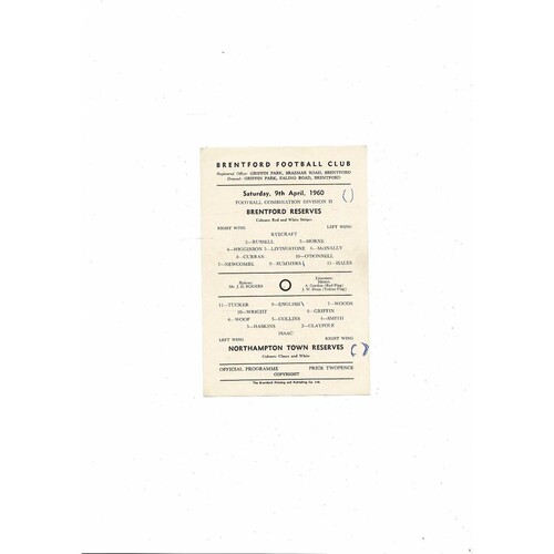 Brentford v Northampton Town Football Combination Programme 1959/60