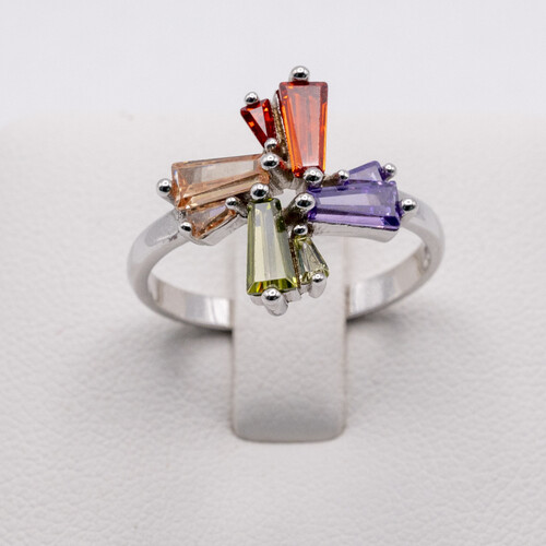 Flower Design Silver Ring with Multi coloured Zirconia Gem Stones