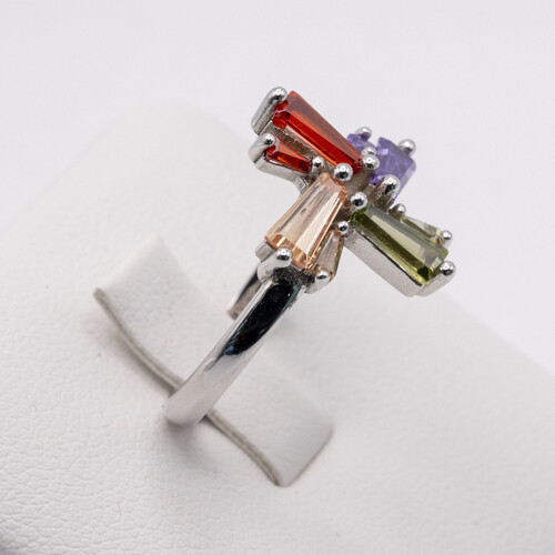 Flower Design Silver Ring with Multi coloured Zirconia Gem Stones