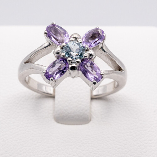 925 Sterling Silver Ring with Amethyst and Aquamarine Gem Stones