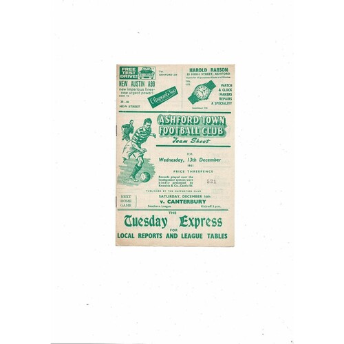 1961/62 Ashford Town v Dover Kent Floodlit Cup Football Programme