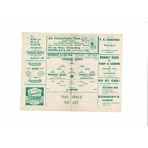 1961/62 Ashford Town v Dover Kent Floodlit Cup Football Programme
