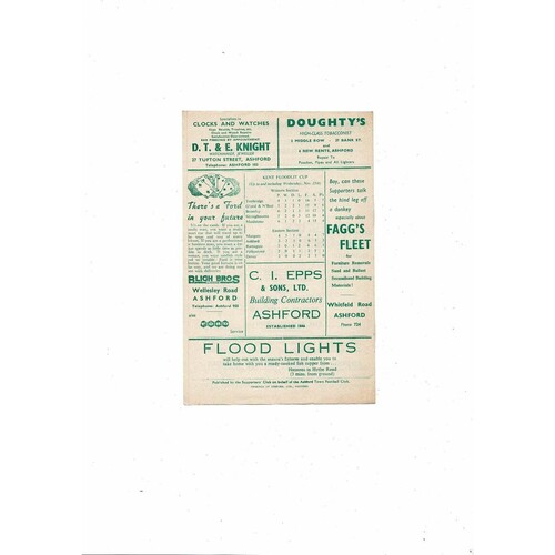 1961/62 Ashford Town v Dover Kent Floodlit Cup Football Programme