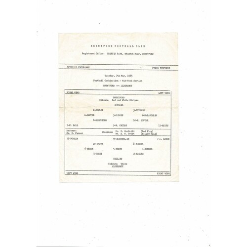 Brentford v Aldershot Football Combination Programme 1962/63