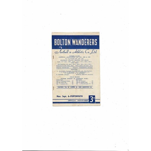1954/55 Bolton Wanderers v Portsmouth Football Programme 6th Sept