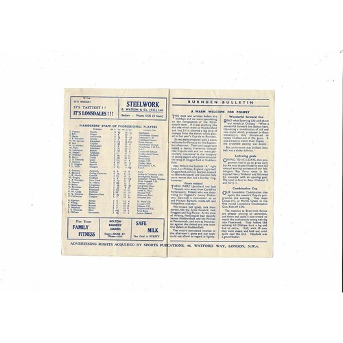 1954/55 Bolton Wanderers v Portsmouth Football Programme 6th Sept