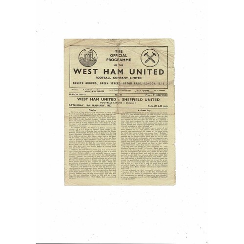 1951/52 West Ham United v Sheffield United Football Programme