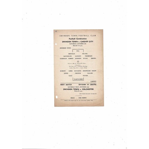 Swindon Town v Cardiff City Football Combination Programme 1955/56