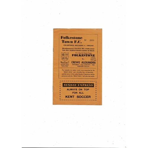 Folkestone v Crewe Alexandra FA Cup Football Programme 1965/66
