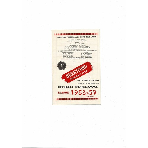 1958/59 Brentford v Colchester United Football Programme