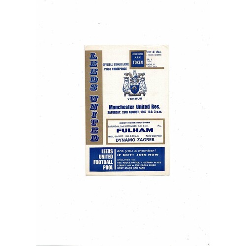 Leeds United v Manchester United Central League Football Programme 1967/68 August