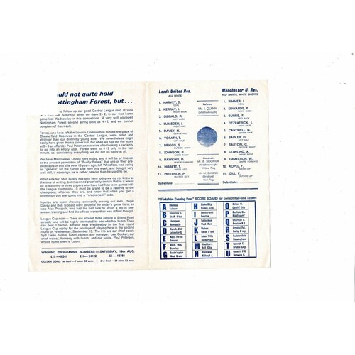 Leeds United v Manchester United Central League Football Programme 1967/68 August